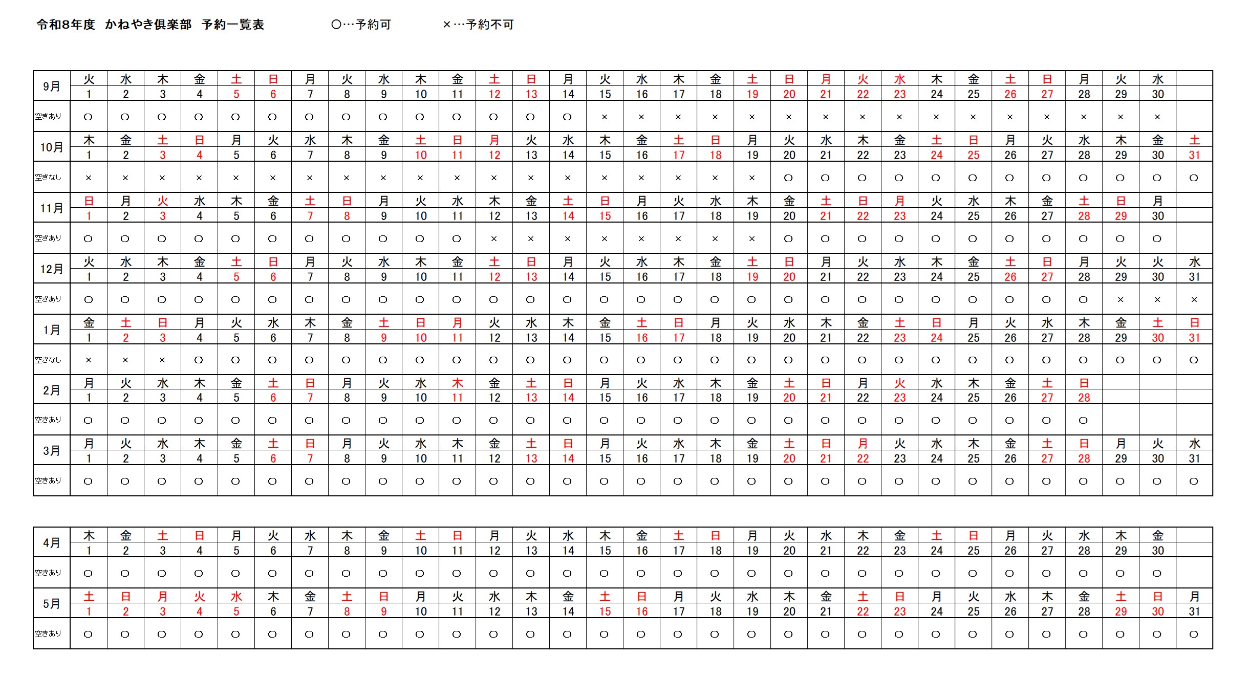 予約状況表